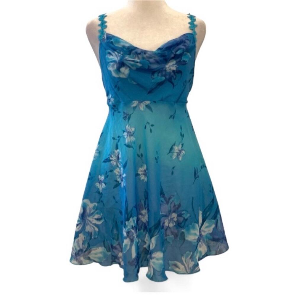 Vintage Delicates Blue Floral Mesh Mini Dress Y2K Boho Cowl Neck M